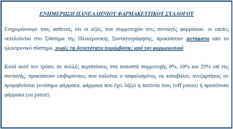 Ενημέρωση ΠΦΣ σχετικά με τις αυξημένες συμμετοχές των ασφαλισμένων κατά την εκτέλεση των συνταγών φαρμάκων